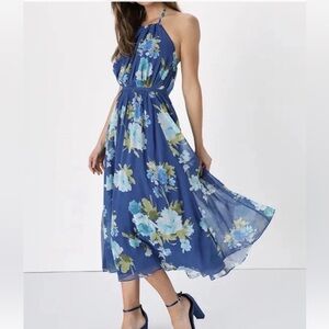 Lulus Unbelievable Blossom Floral Print Halter Midi Dress Women’s X-Small Blue